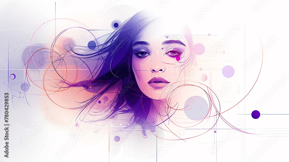 A woman's face on a white background, purple watercolor geometric abstraction