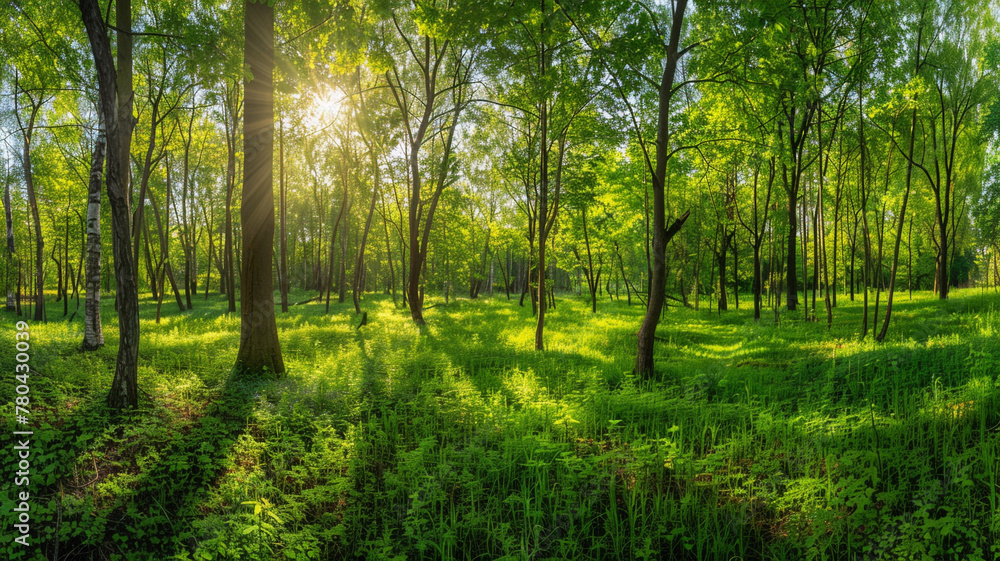 Beautiful green forest panorama with tall trees and sunlight rays shining through the leaves, Nature landscape background, spring nature landscape background Beautiful green forest panorama with tall trees and sunlight rays shining through the leaves, Nature landscape background, spring nature landscape background