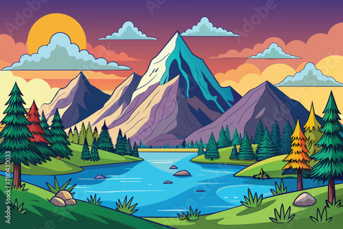 hand-drawn-vector-mountain-lake-forest-landscape. for kids background vector illustration. AI Generated.