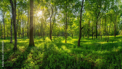 Beautiful green forest panorama with tall trees and sunlight rays shining through the leaves, Nature landscape background, spring nature landscape background