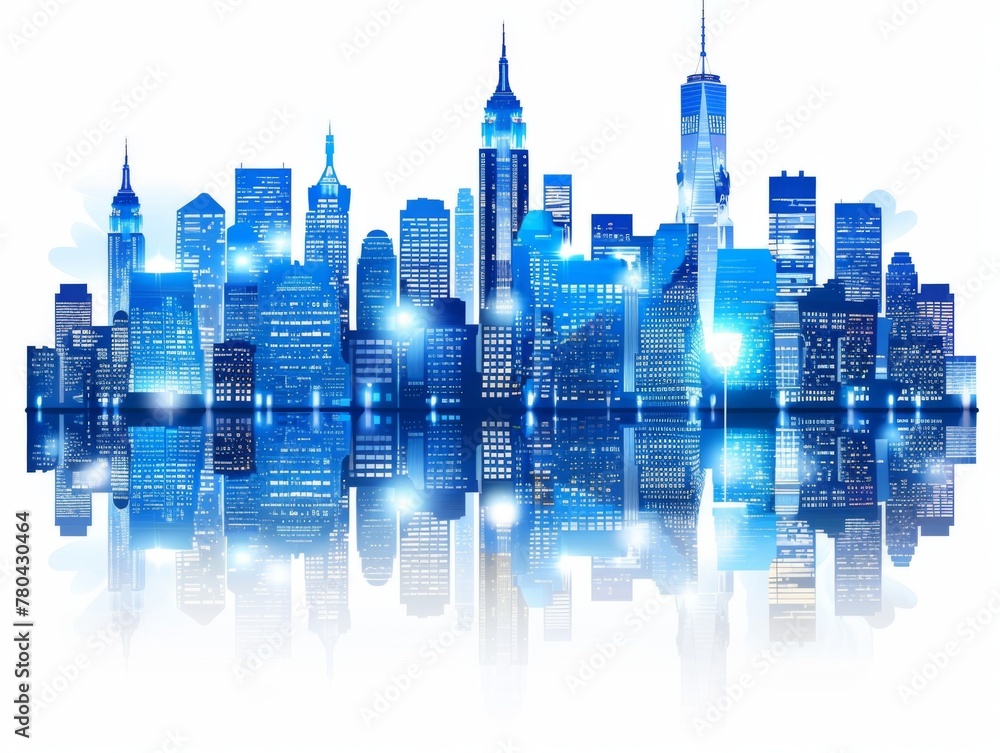 Vibrant, blue-toned digital illustration of new york's iconic skyline featuring the empire state building