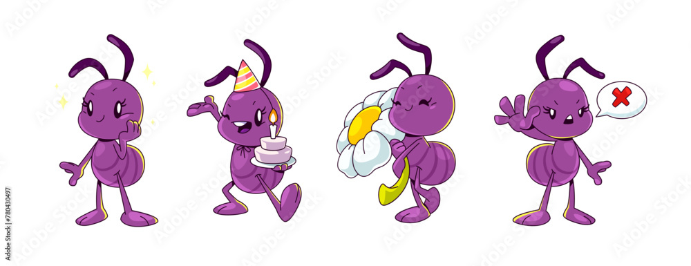 Cartoon ant character isolated vector. Cute and funny insect clipart. Purple bug holding cake, celebrate birthday and smile. Childish termite mascot walking with chamomile flower and show stop gesture - obrazy, fototapety, plakaty 