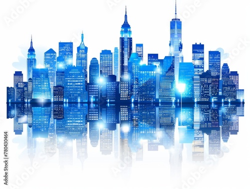 Vibrant, blue-toned digital illustration of new york's iconic skyline featuring the empire state building