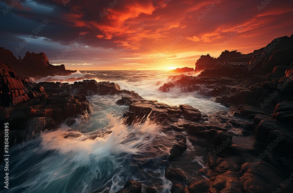 AI generated illustration of a dramatic sunset over the rocky seashore, waves crashing