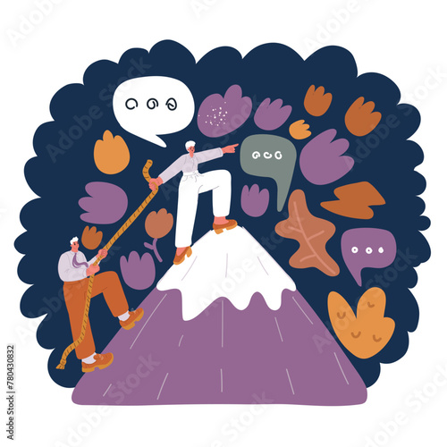 Cartoon vector illustration of People helping each other hike up a mountain at sunrise. Giving a helping hand, and active fit lifestyle concept over dark background..