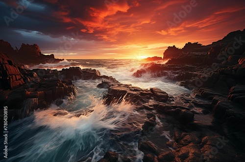 AI generated illustration of a dramatic sunset over the rocky seashore  waves crashing