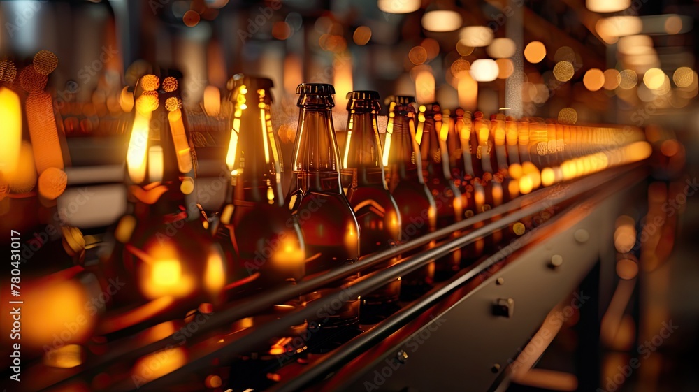 a brewery factory as beer bottles move along a conveyor belt, captured in a realistic stock photo, showcasing the intricate process of production and packaging. a brewery factory as beer bottles move along a conveyor belt, captured in a realistic stock photo, showcasing the intricate process of production and packaging.