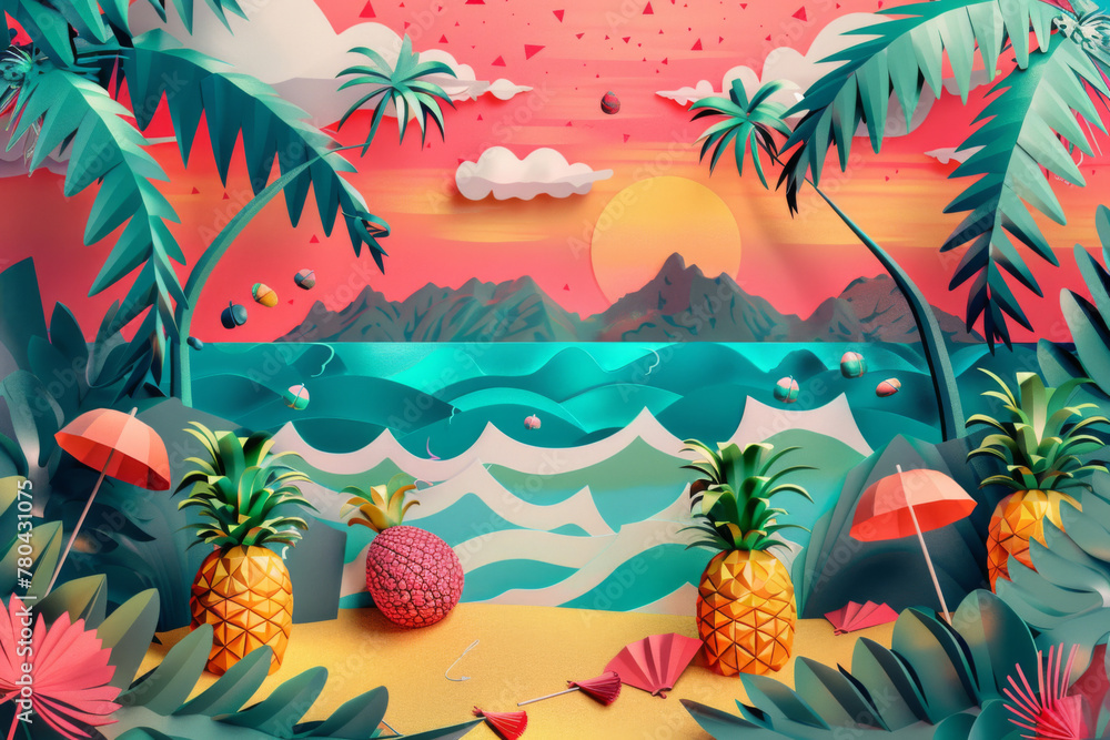 A tropical beach scene with palm trees, pineapples and umbrellas, in the background there is an oasis of cacti and mountains