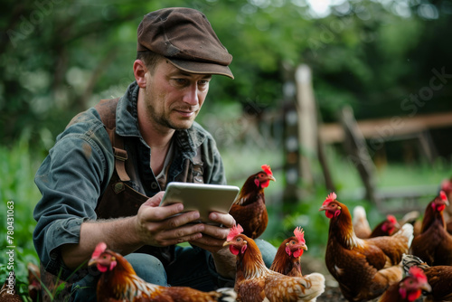a man sitting in the grass by a group of chickens with a tablet computer in photo
