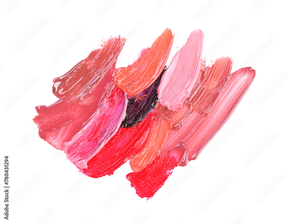 Strokes of different lip glosses isolated on white, top view - obrazy, fototapety, plakaty 