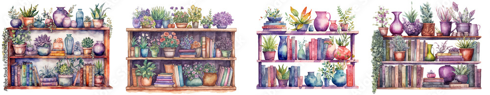 Charming Watercolor Bookshelf Displaying Books, Flowerpots, and Decorative Items