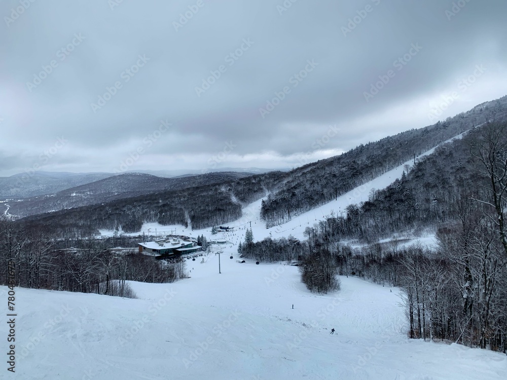 Scenic shot of hills covered with snowy trees in Killington Ski Resort, Vermont, New England, Canada