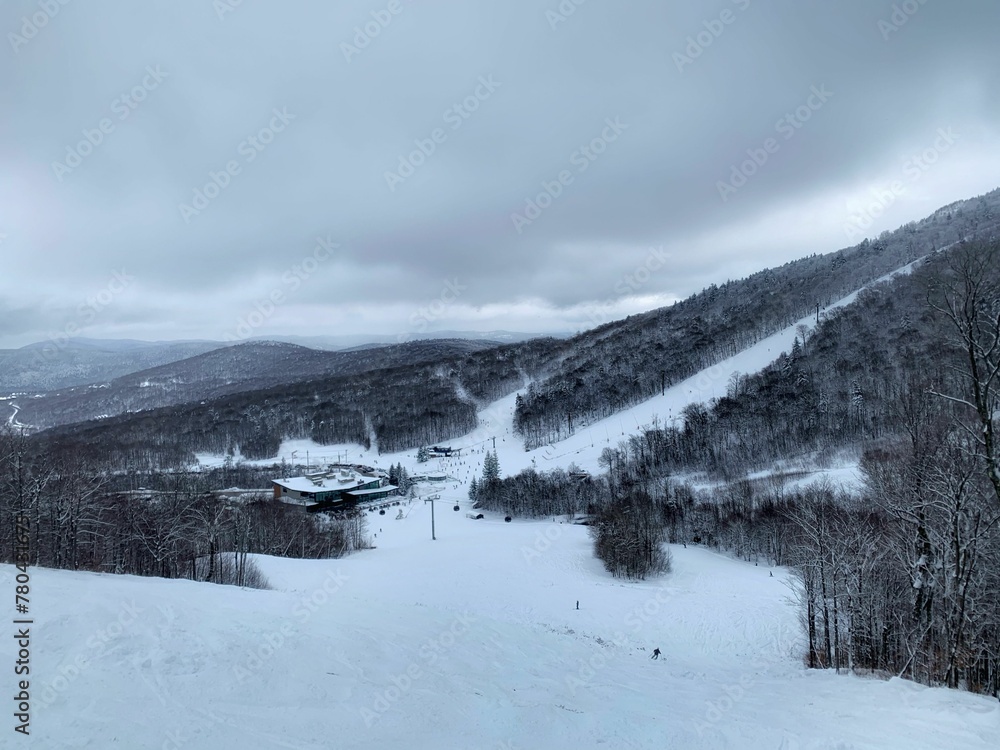 Obraz premium Scenic shot of hills covered with snowy trees in Killington Ski Resort, Vermont, New England, Canada