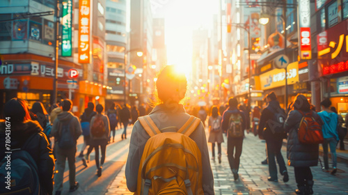 Person with a backpack standing amidst a bustling city street at sunset with neon signs and onlookers. photo