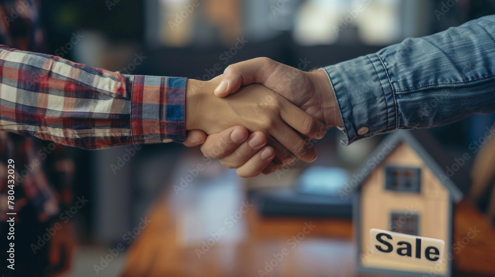 Home brokers shake hands with home buyers with For Sale real estate sign Home brokers shake hands with home buyers with For Sale real estate sign