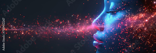 Abstract illustration-a female profile against a background of shining multicolored lights. Spa, salon, skin care, space, Psychology, psychedelics.