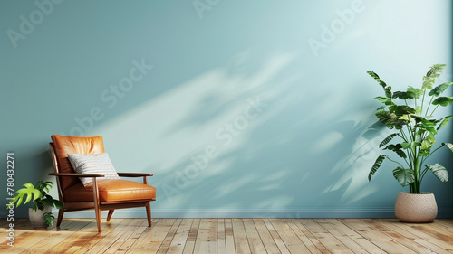 light blue empty wall in living room interior with wooden floor and brown leather armchair  wooden floor and plants in the corner