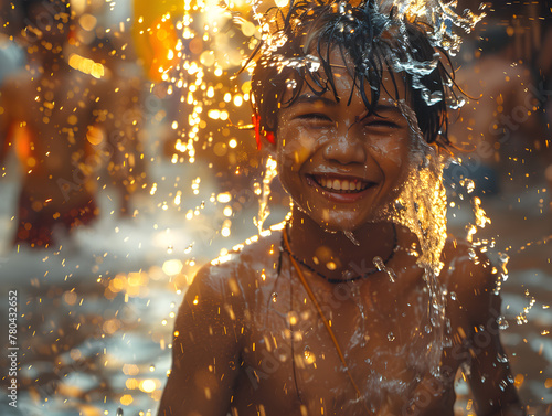 On April 13th celebration of Songkran Festival or Thai New Year captured the happiness of girls smiling and standing joyfully splashing water and playing together.