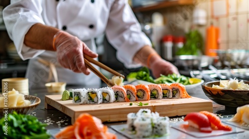 sushi chefs attentively assembling a sushi platter with ingredients such as fresh salmon