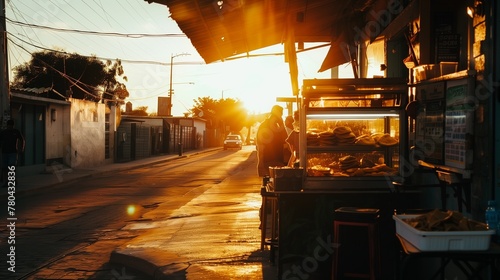 vibrant ambiance of a Mexican taco stand as the sun sets, highlighting a popular culinary hotspot