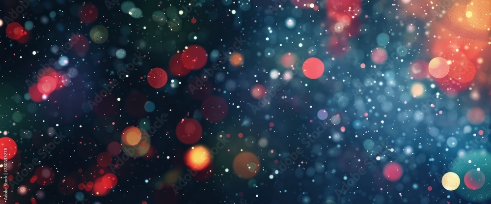 Abstract background with bokeh lights and falling snowflakes. Colorful lights on a dark blue, red, and green colored background