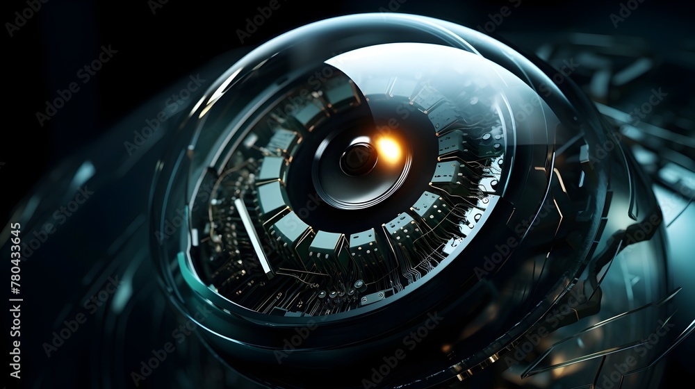 Extreme Close-Up of Robotic Bionic Eye with Advanced Futuristic Circuitry for Digital Surveillance Extreme Close-Up of Robotic Bionic Eye with Advanced Futuristic Circuitry for Digital Surveillance