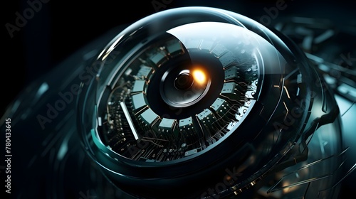 Extreme Close-Up of Robotic Bionic Eye with Advanced Futuristic Circuitry for Digital Surveillance