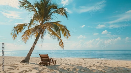 AI generated illustration of a wooden beach chairs beside palm trees with ocean view