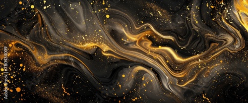 abstract background with liquid gold and black marble swirls, flowing pattern, luxury wallpaper design, white and brown color scheme, golden splashes on a black surface