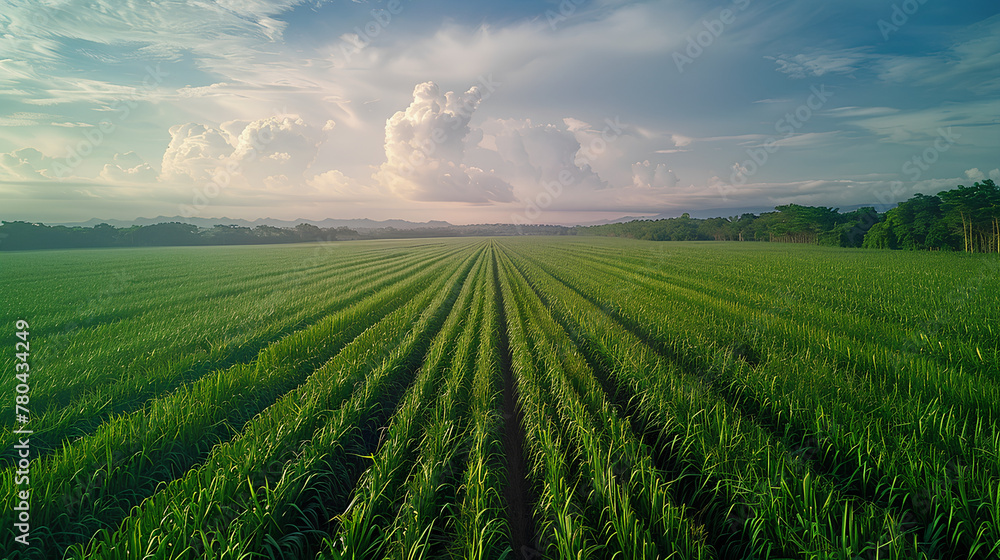 Drone photo of cane sugar. Sugarcane field in blue sky and white cloud