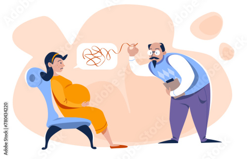 Pregnant woman at psychotherapist session. Flat vector psychological assistance to expectant mother. Conversation and mental help on psychotherapy consultation. Health care and wellbeing concept.