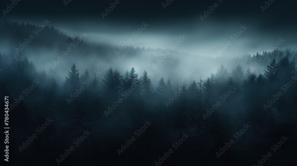 Foggy forest at night, with tall trees silhouetted against a dark sky Foggy forest at night, with tall trees silhouetted against a dark sky