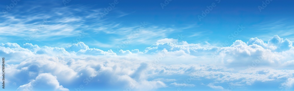 Clear blue sky with puffy white clouds scattered throughout, AI-generated. Clear blue sky with puffy white clouds scattered throughout, AI-generated.