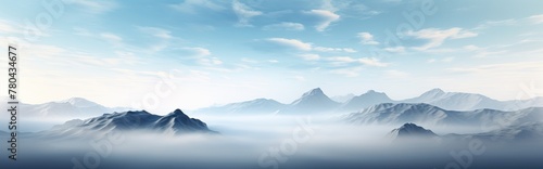 Foggy landscape environment with mountain ranges at a distance, AI-generated.