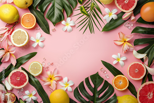 .Tropical background with fruits and flowers and space for text.