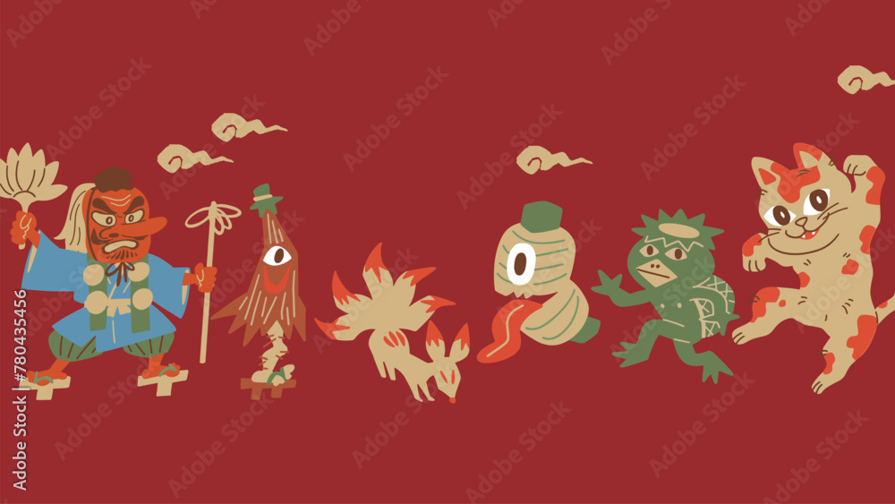 天狗や河童などのかわいい妖怪のベクターテンプレートイラスト素材 Vector template illustration of cute yokai like tengu and kappa. 天狗や河童などのかわいい妖怪のベクターテンプレートイラスト素材 Vector template illustration of cute yokai like tengu and kappa.