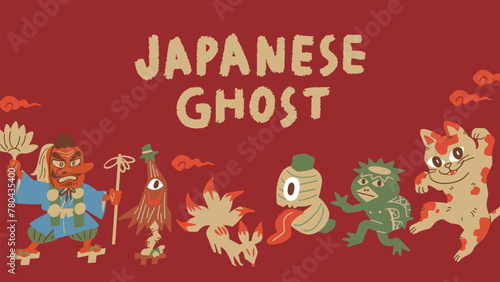 Vector template illustration of traditional Japanese ghosts like tengu and kappa.