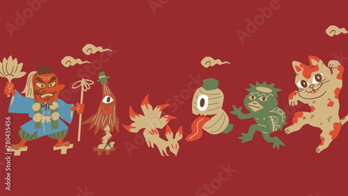 天狗や河童などのかわいい妖怪のベクターテンプレートイラスト素材 Vector template illustration of cute yokai like tengu and kappa.