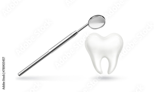 White tooth and dentist tool. Realistic 3d vector illustration of healthy clear molar with doctor mirror for dentistry and orthodontics concept. Oral care and health with denture and appliances.