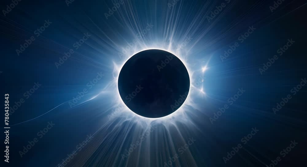full solar eclipse with light ray lines radiating outward,