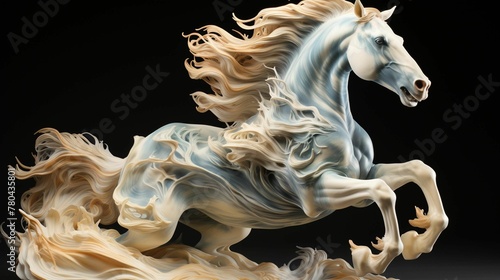 AI generated illustration of an artistic sculpture of a white blue horse