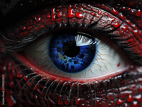 AI generated illustration of the bright blue eye of a red lizard creature