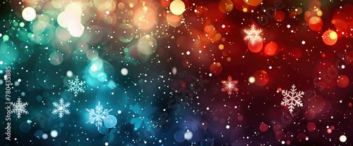 Abstract colorful bokeh lights background with falling snowflakes. New Year and Christmas concept. Shiny light particles on a dark red, blue or green color gradient background.