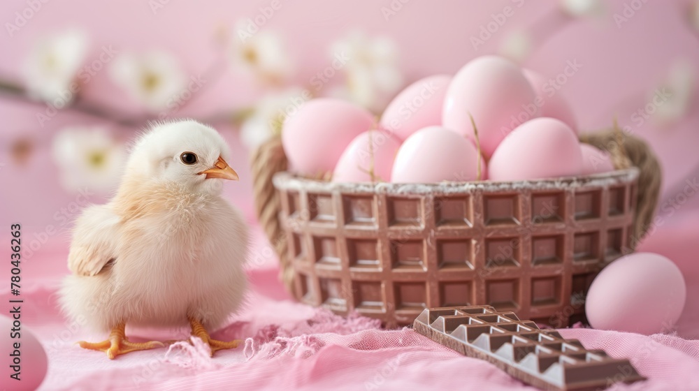 a cute chick stands near an easter basket full of eggs