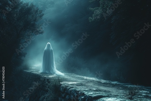 a white ghost appears in the fog of night next to an old stone bridge
