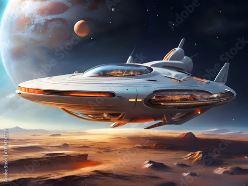 futuristic sci fi illustration of a spaceship and planets galaxy.