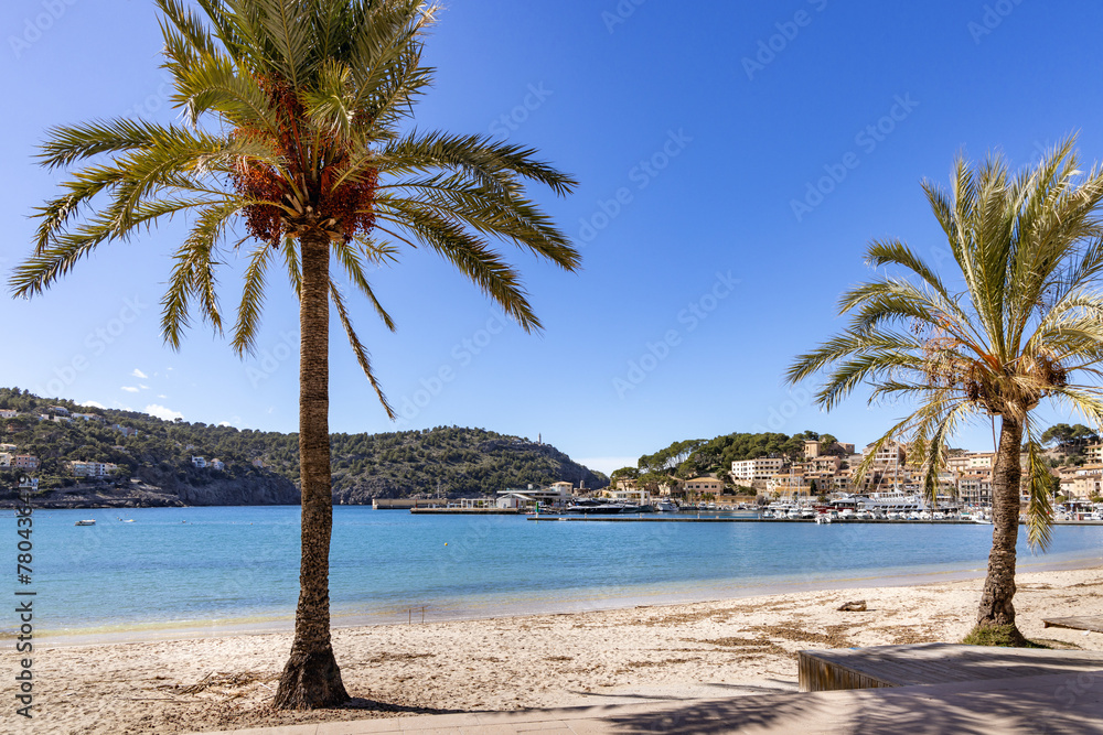 Port de Soller beach and harbour in Mallorca, Spain
