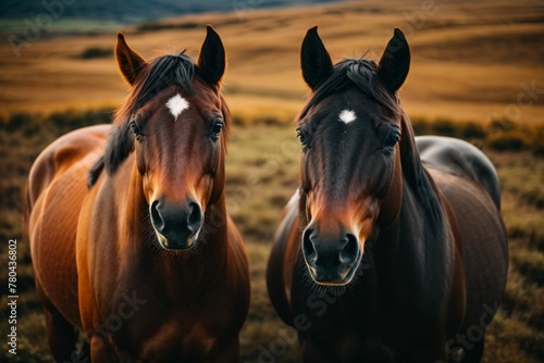 AI generated illustration of two horses stand in a sun-soaked open field, side by side