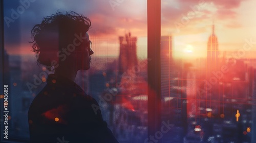Silhouette of a person with the setting sun in a window, AI-generated.