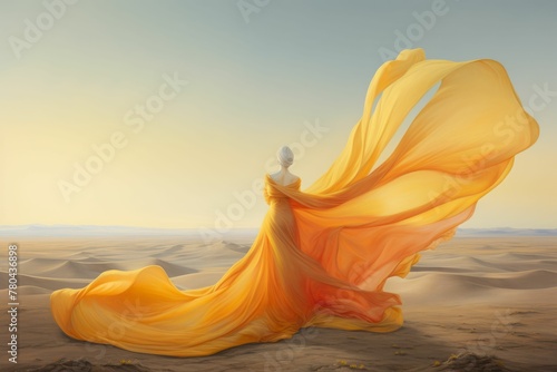 AI generated illustration of a beautiful woman in an elegant long yellow dress standing in a desert